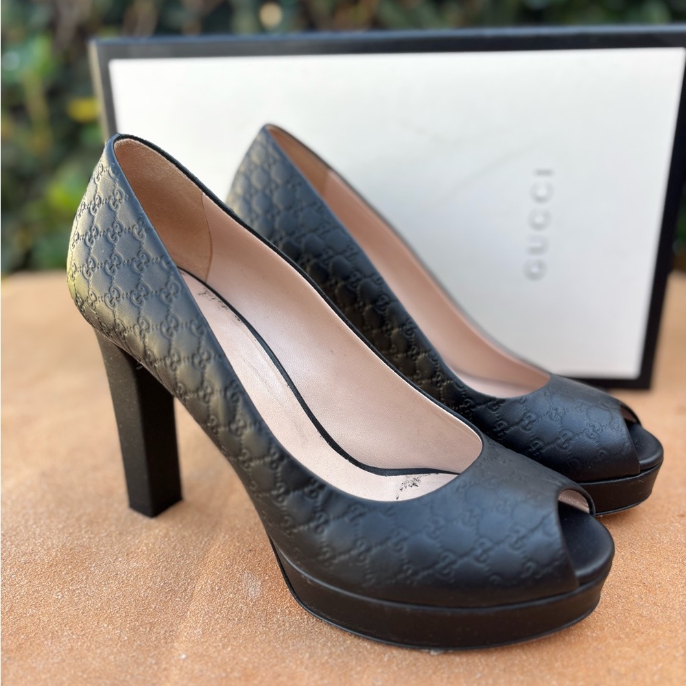 Gucci Embossed Black Peep Toe Heels